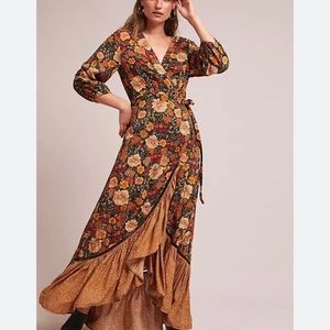 Farm Rio Brown Floral Print Wrap Long Madrid Dress